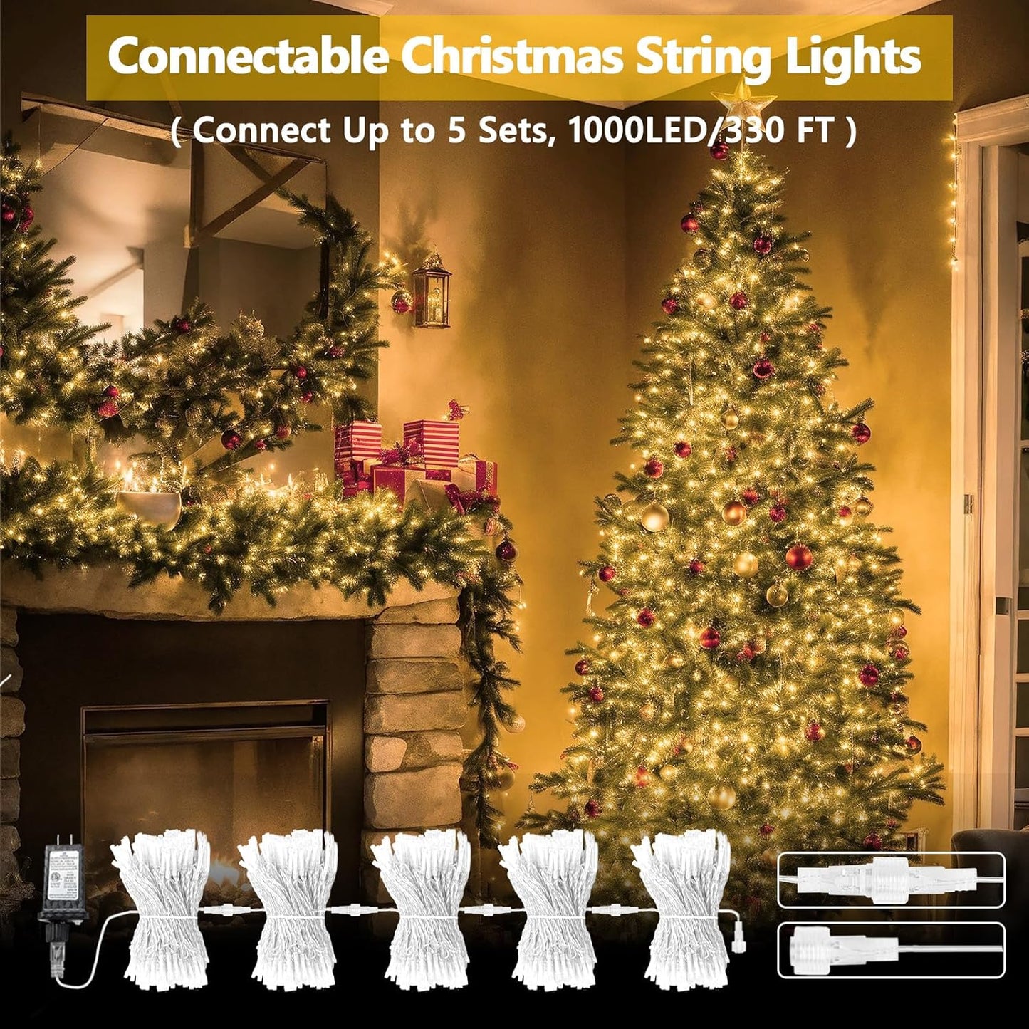 Connectable 200 LED String Lights Indoor Outdoor, 66FT Warm White Christmas Lights Waterproof, 8 Modes with Timer, Twinkle Fairy Lights Plug in Clear Wire for Christmas Tree, Bedroom, Classroom Decor