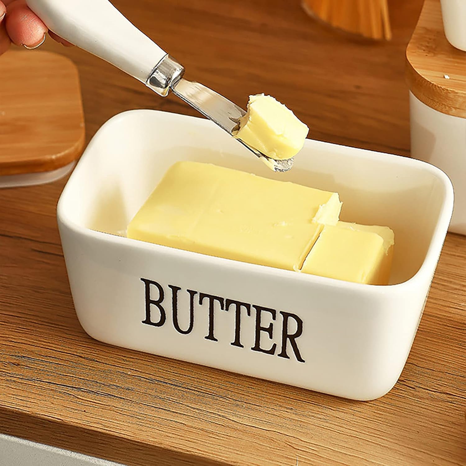 Butter Dish Airtight Butter Keeper, Porcelain Butter Storage Container with Lid (White)