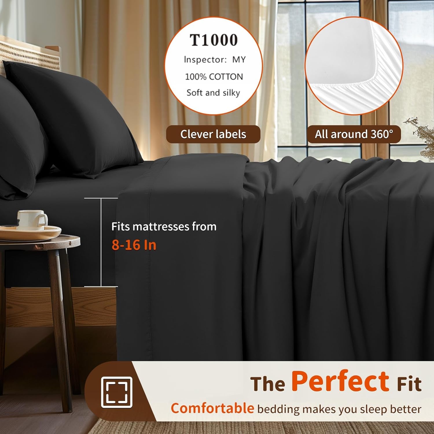 1000 Thread Count 100% Egyptian Cotton Sheets Set Twin, 3 Piece Sets Bed Sheet Deep Pocket Sheet Set 16" Soft Comfortable All Season (Twin, Black)
