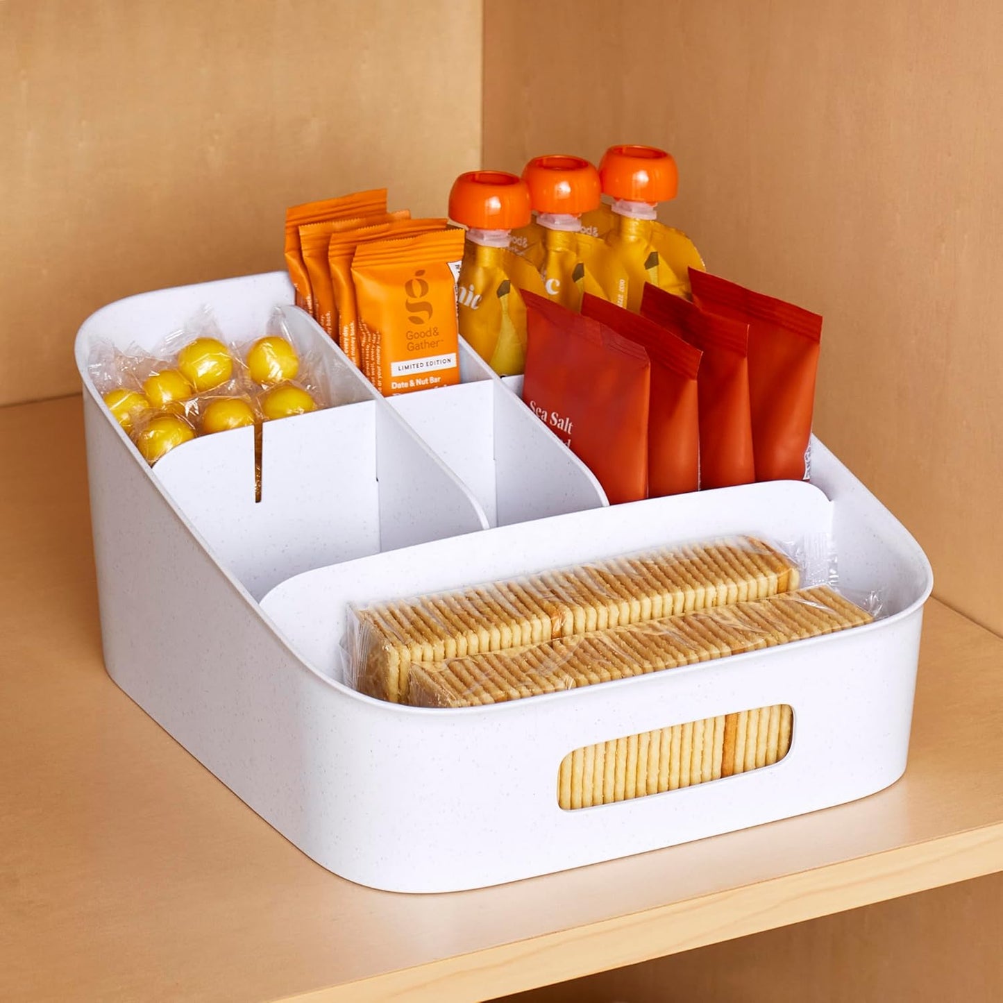 Shelfbin Adjustable Snack Bin, Bpa-Free Divided Storage Basket for Kitchen Pantry Organization, One Size, Speckled White