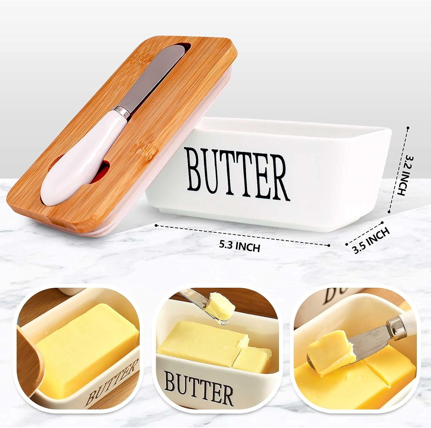 Butter Dish Airtight Butter Keeper, Porcelain Butter Storage Container with Lid (White)