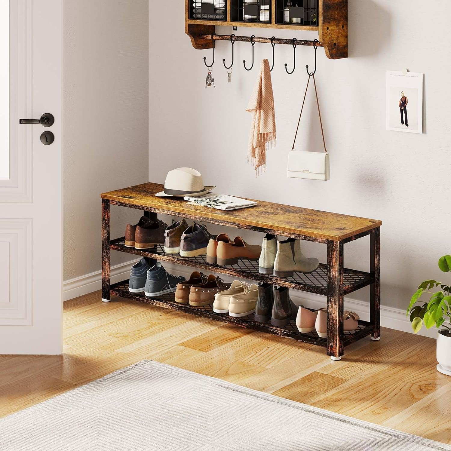 Shoe Bench, 3-Tier Shoe Rack, 40” Storage Entry Bench with Mesh Shelves Wood Seat, Rustic Foyer Bench for Hallway Front Door, Doorway, Living Room, Mudroom, Steel Frame, Rustic Brown