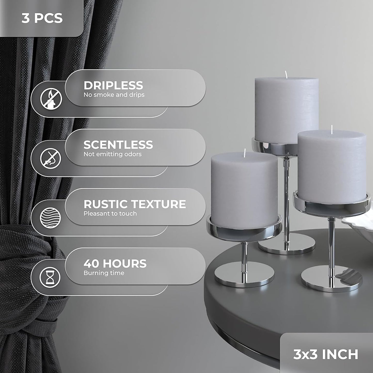3X3 Pillar Candles Set of 3 - Rustic Unscented No Drip Light Gray Candles for Home Decor, Weddings, Centerpieces