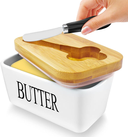 Butter Dish Airtight Butter Keeper, Porcelain Butter Storage Container with Lid (White)