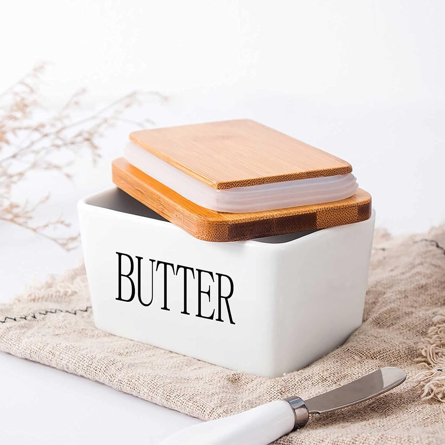 Butter Dish Airtight Butter Keeper, Porcelain Butter Storage Container with Lid (White)