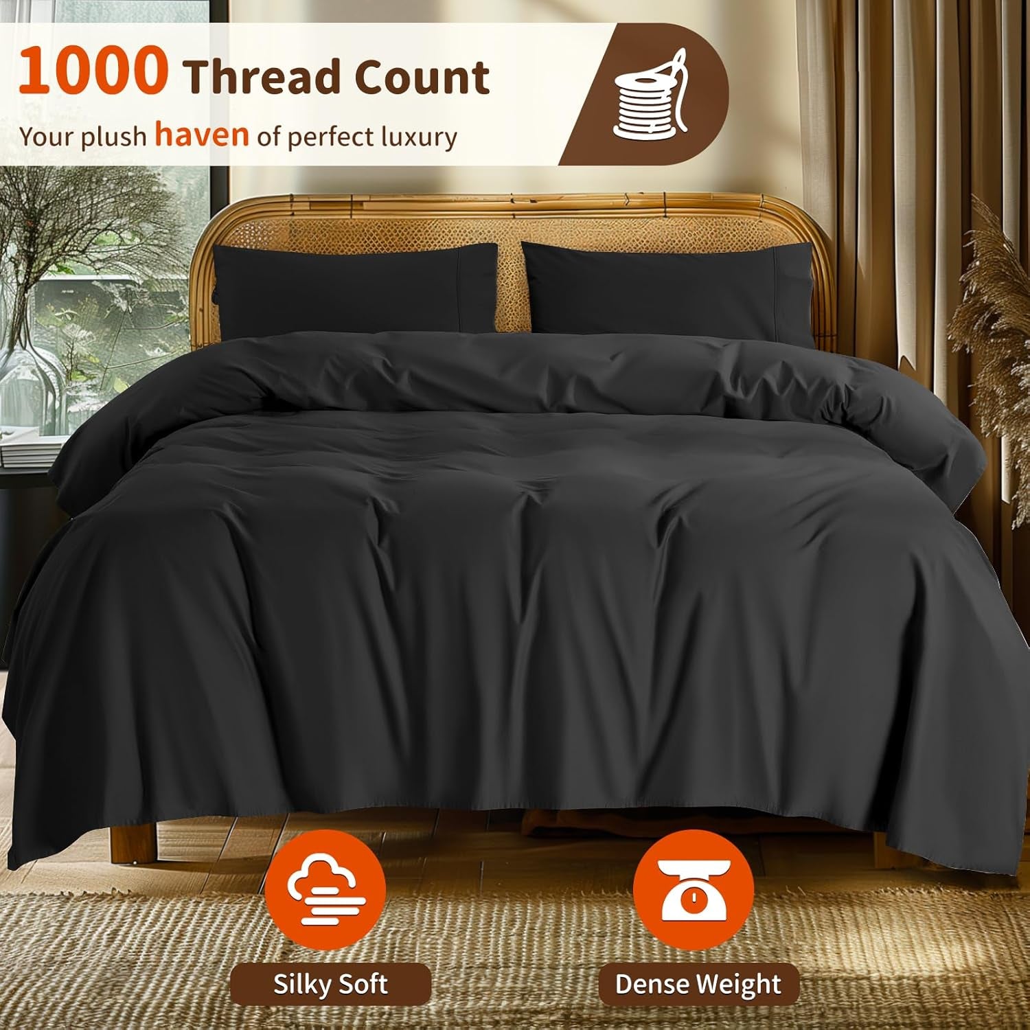 1000 Thread Count 100% Egyptian Cotton Sheets Set Twin, 3 Piece Sets Bed Sheet Deep Pocket Sheet Set 16" Soft Comfortable All Season (Twin, Black)