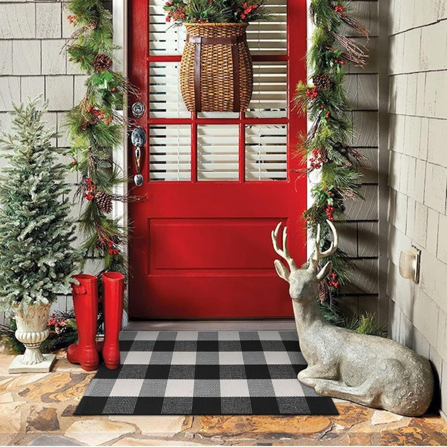 Buffalo Plaid Front Porch Rug, Small Black White 2X3 Outdoor Door Mat, Washable Woven Checkered Entryway Rugs, Welcome Layered Doormats for Farmhouse Kitchen/Bathroom/Patio