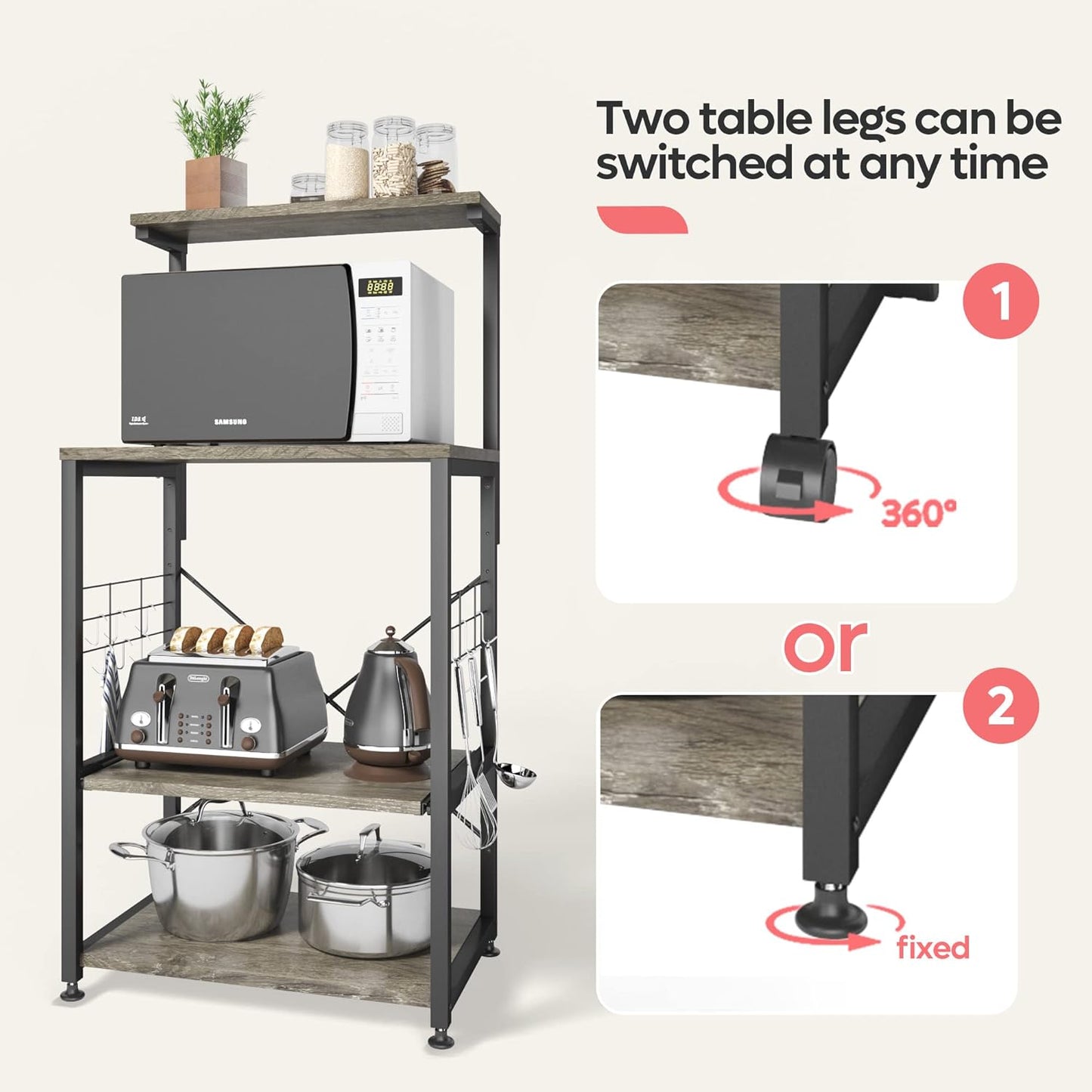 Kitchen Bakers Rack Microwave Stand Kitchen Cart on Wheels Utility Storage Shelf with 10 Side Hooks Kitchen Organizer Shelves with Adjustable Feet