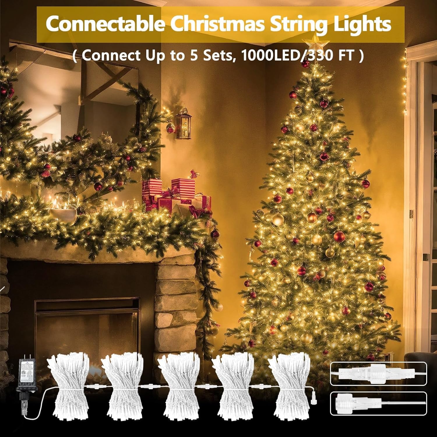 Connectable 200 LED String Lights Indoor Outdoor, 66FT Warm White Christmas Lights Waterproof, 8 Modes with Timer, Twinkle Fairy Lights Plug in Clear Wire for Christmas Tree, Bedroom, Classroom Decor