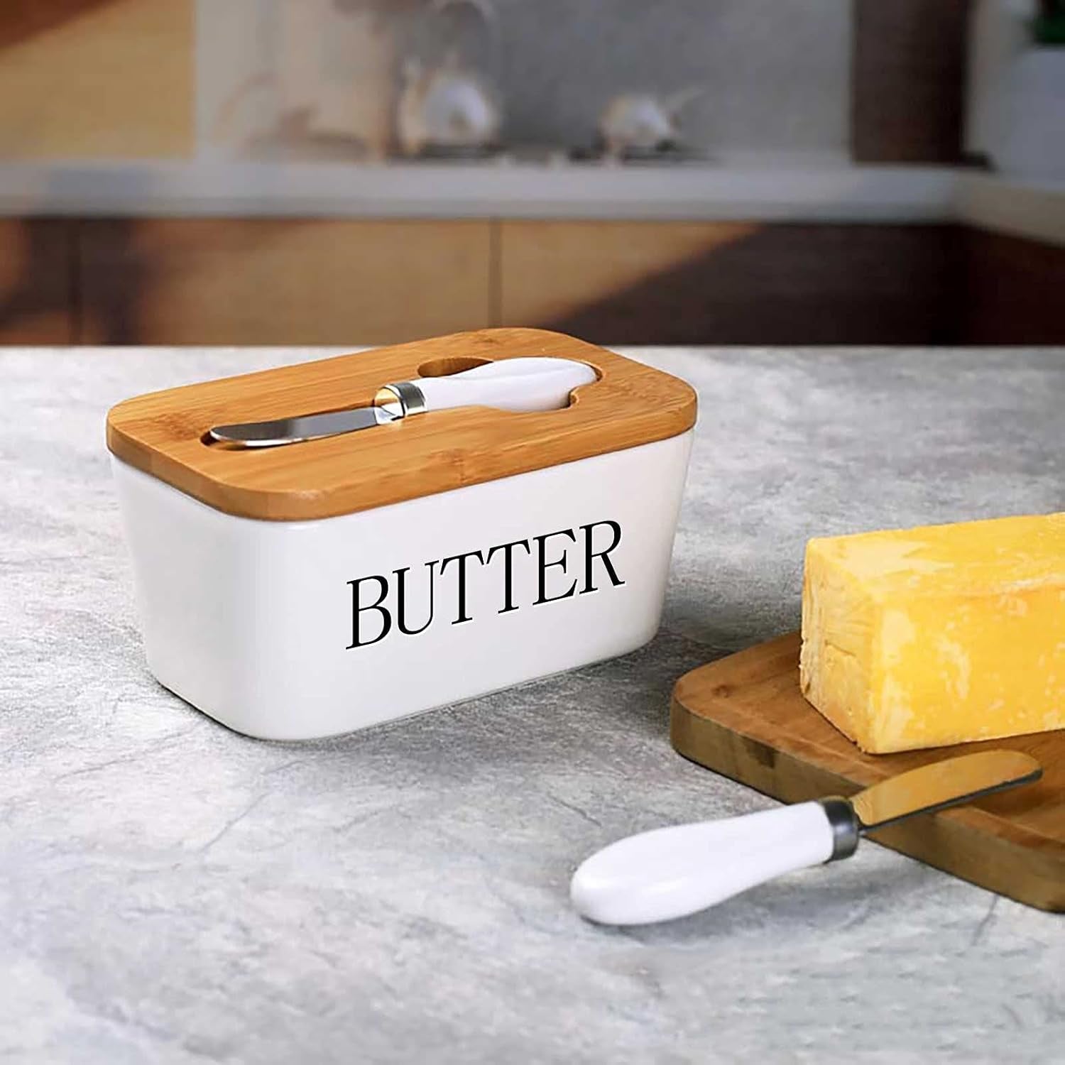 Butter Dish Airtight Butter Keeper, Porcelain Butter Storage Container with Lid (White)