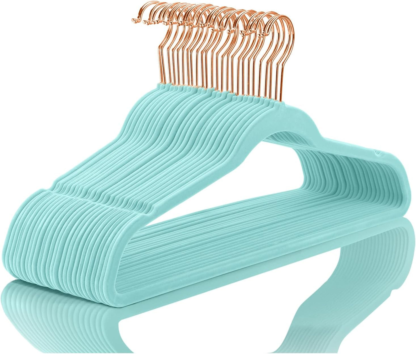 Premium Velvet Hangers (50 Pack) Heavy Duty - Non Slip Felt Hangers - Aqua Blue - Rose Gold Hooks,Space Saving Clothes Hangers,Durable Strong Hangers for Suits,Coats