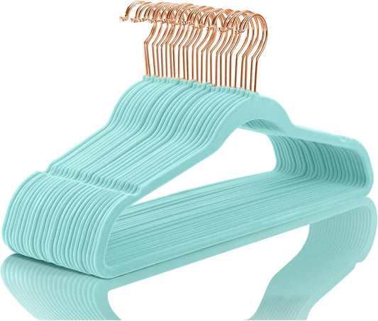 Premium Velvet Hangers (50 Pack) Heavy Duty - Non Slip Felt Hangers - Aqua Blue - Rose Gold Hooks,Space Saving Clothes Hangers,Durable Strong Hangers for Suits,Coats