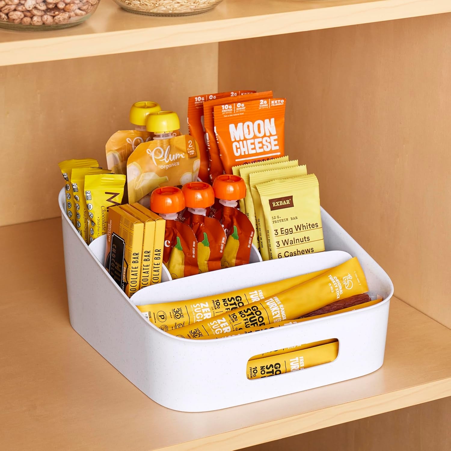Shelfbin Adjustable Snack Bin, Bpa-Free Divided Storage Basket for Kitchen Pantry Organization, One Size, Speckled White